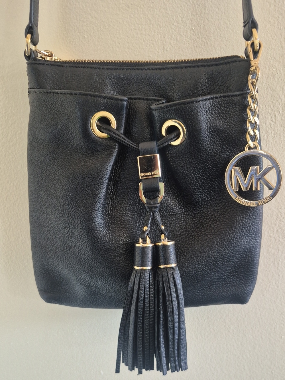 Michael Kors Black Pebbled Leather Tassel Drawstring Crossbody